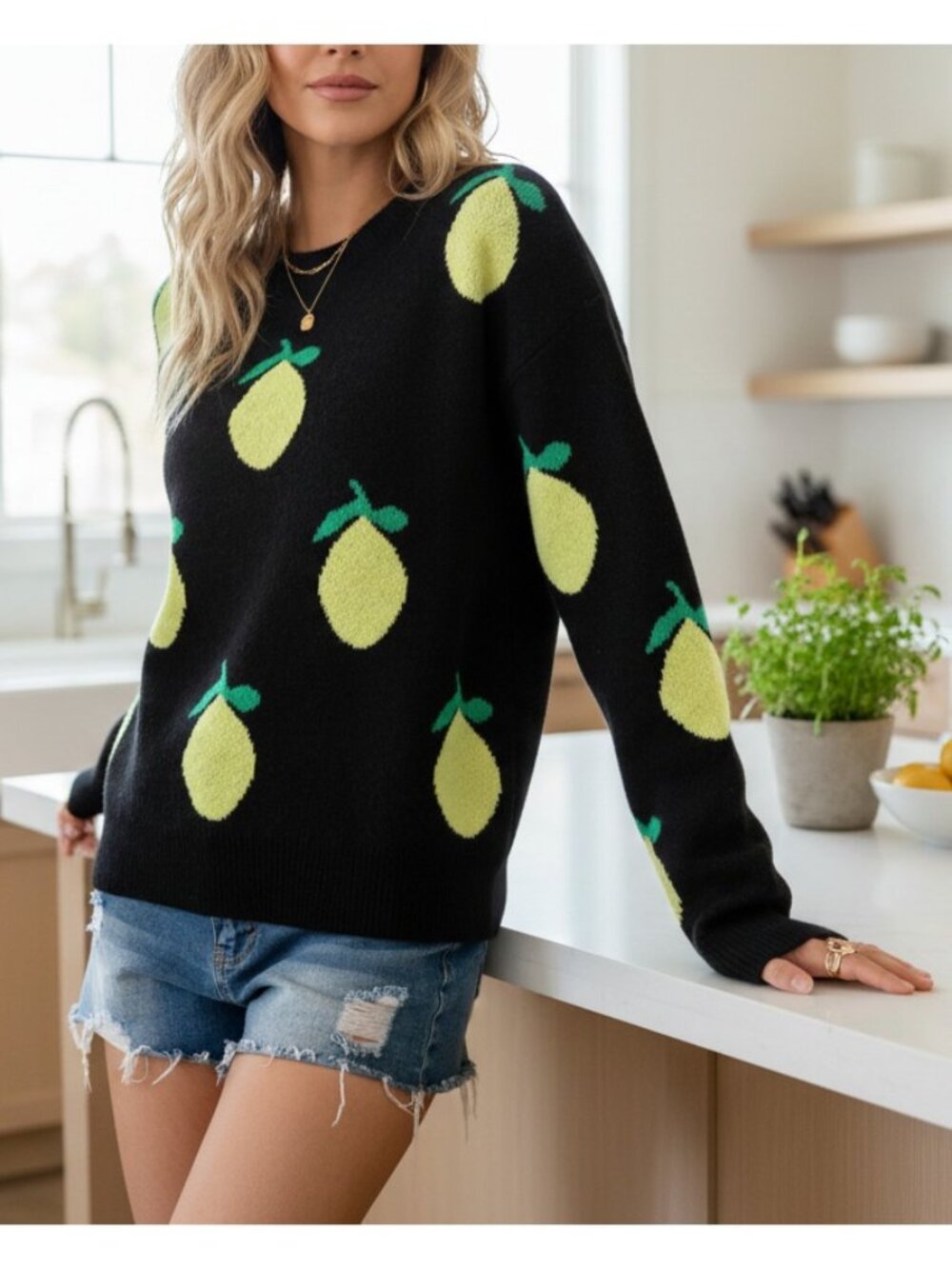 Lemon Intarsia Fruit Knit Crew Neck Long Sleeve Top Ribbed Trim Pullover Sweater